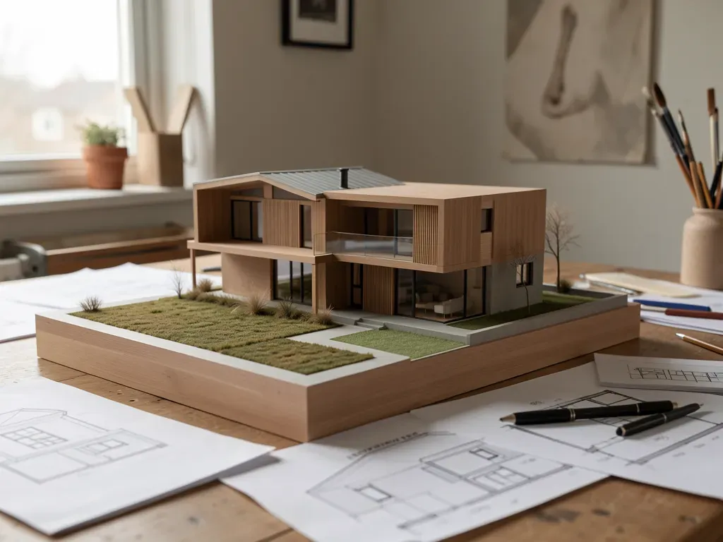 Cinematisch beeld van een schetsontwerp en maquette van een eigentijdse woning